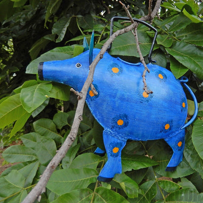 Handcrafted Metal Spotted Blue Pig Watering Can Plant Pals Garden Porch Decor