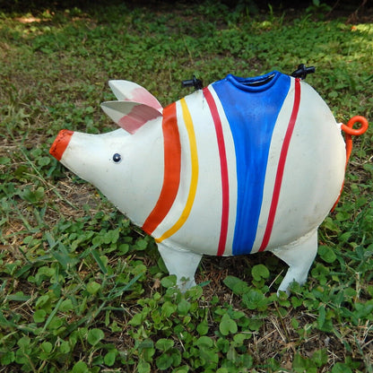 Handcrafted Metal Stripped Poncho Pig Watering Can Plant Pals Garden Porch Decor