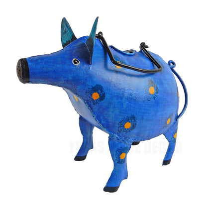 Handcrafted Metal Spotted Blue Pig Watering Can Plant Pals Garden Porch Decor