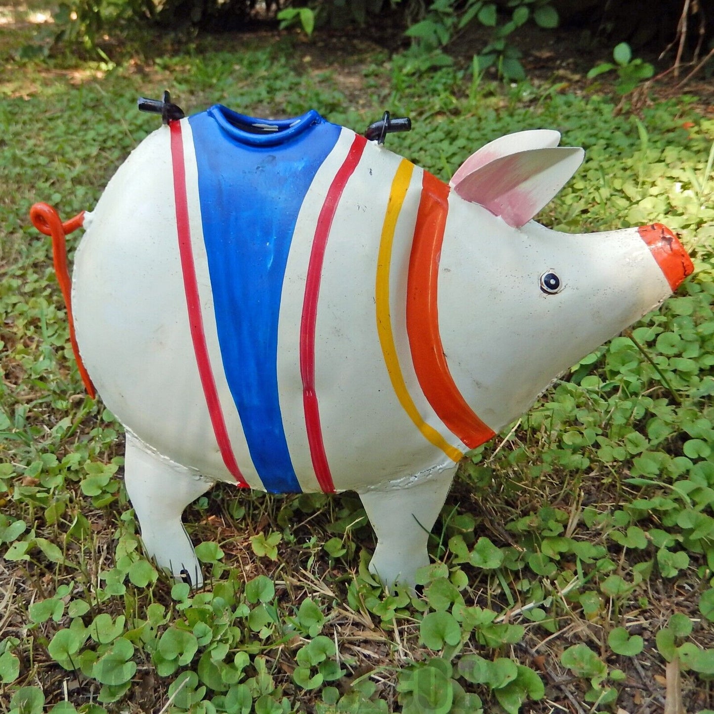 Handcrafted Metal Stripped Poncho Pig Watering Can Plant Pals Garden Porch Decor