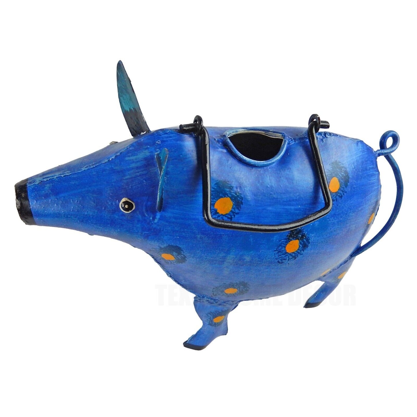 Handcrafted Metal Spotted Blue Pig Watering Can Plant Pals Garden Porch Decor