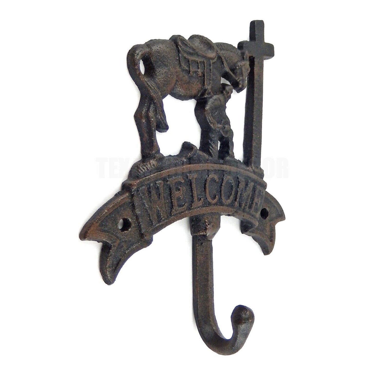 Welcome Kneeling Cowboy At Cross Horse Wall Hook Cast Iron Coat Hanger Black