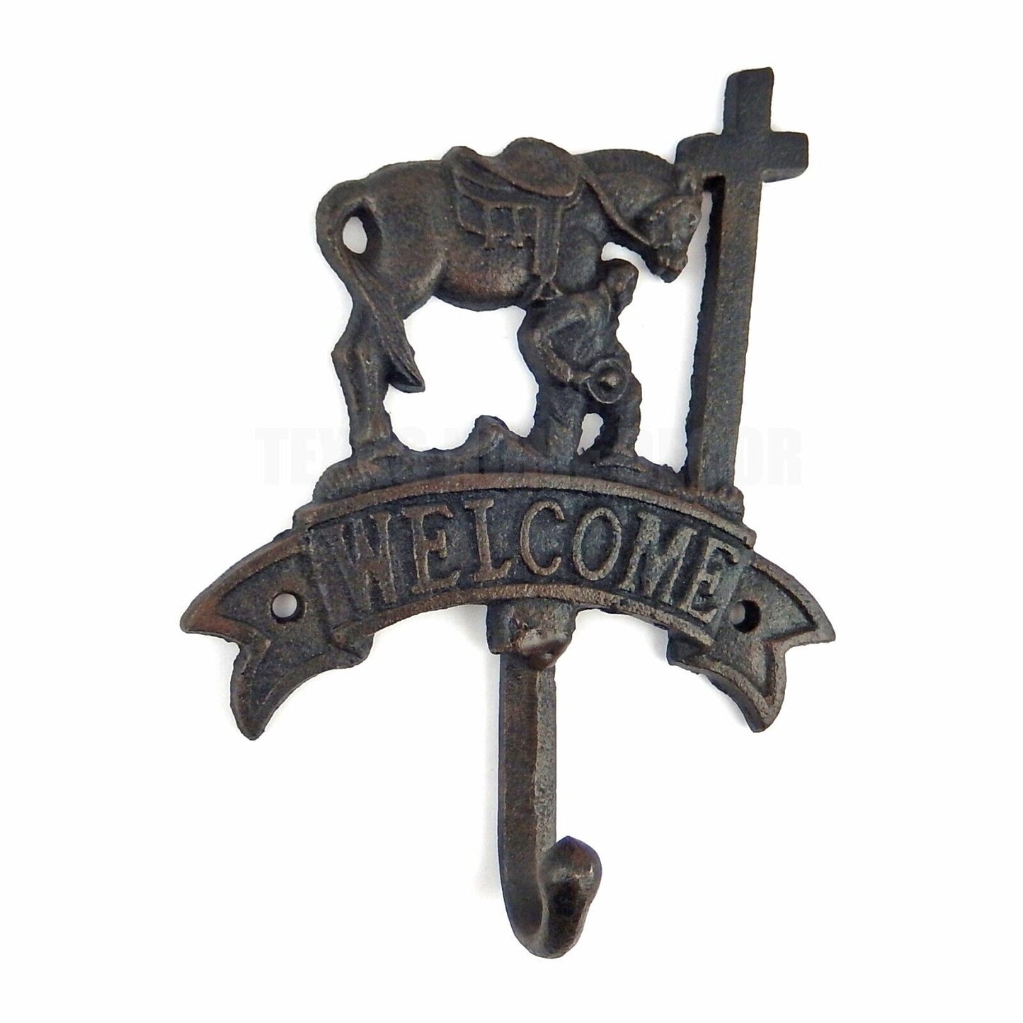 Welcome Kneeling Cowboy At Cross Horse Wall Hook Cast Iron Coat Hanger Black