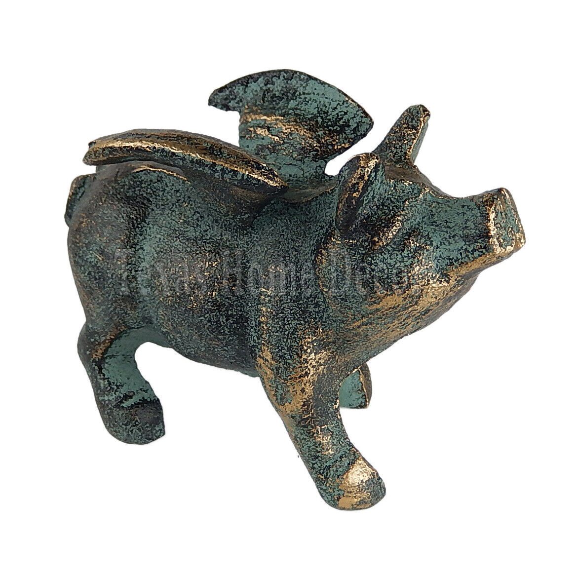 Flying Pig Figurine Cast Iron Green Gold Patina Statue Paper Weight Garden