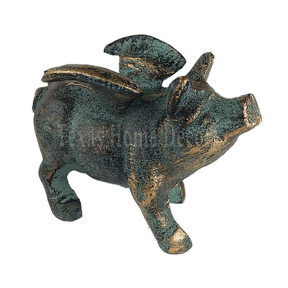 Flying Pig Figurine Cast Iron Green Gold Patina Statue Paper Weight Garden