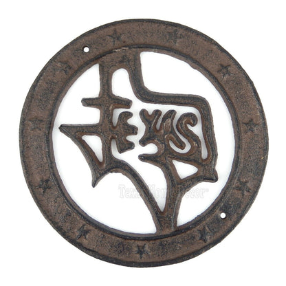 Texas Map Outline Circle Wall Plaque Stars Cast Iron Rustic Western 6.5"