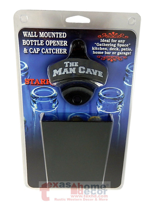 Embossed Black The Man Cave Starr X Bottle Opener Combo With Metal Cap Catcher