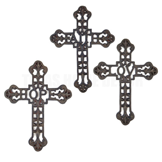 Faith Hope Love Wall Crosses Set of 3 Victorian Fleur De Lis Rustic Brown