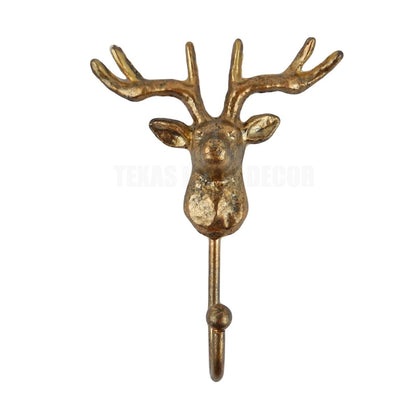 Golden Deer Head Buck Antler Wall Hook Metal Cabin Lodge Key Towel Coat Hanger