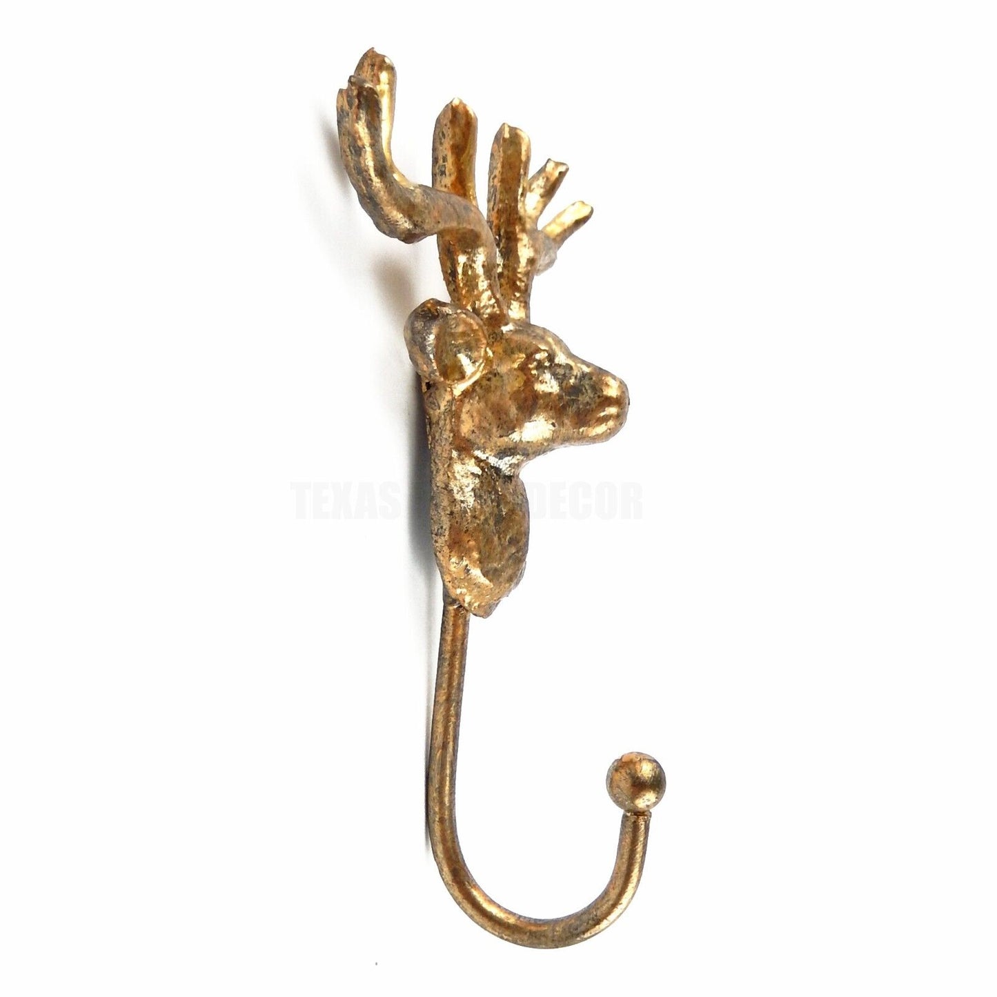 Golden Deer Head Buck Antler Wall Hook Metal Cabin Lodge Key Towel Coat Hanger