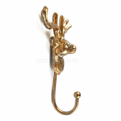 Golden Deer Head Buck Antler Wall Hook Metal Cabin Lodge Key Towel Coat Hanger