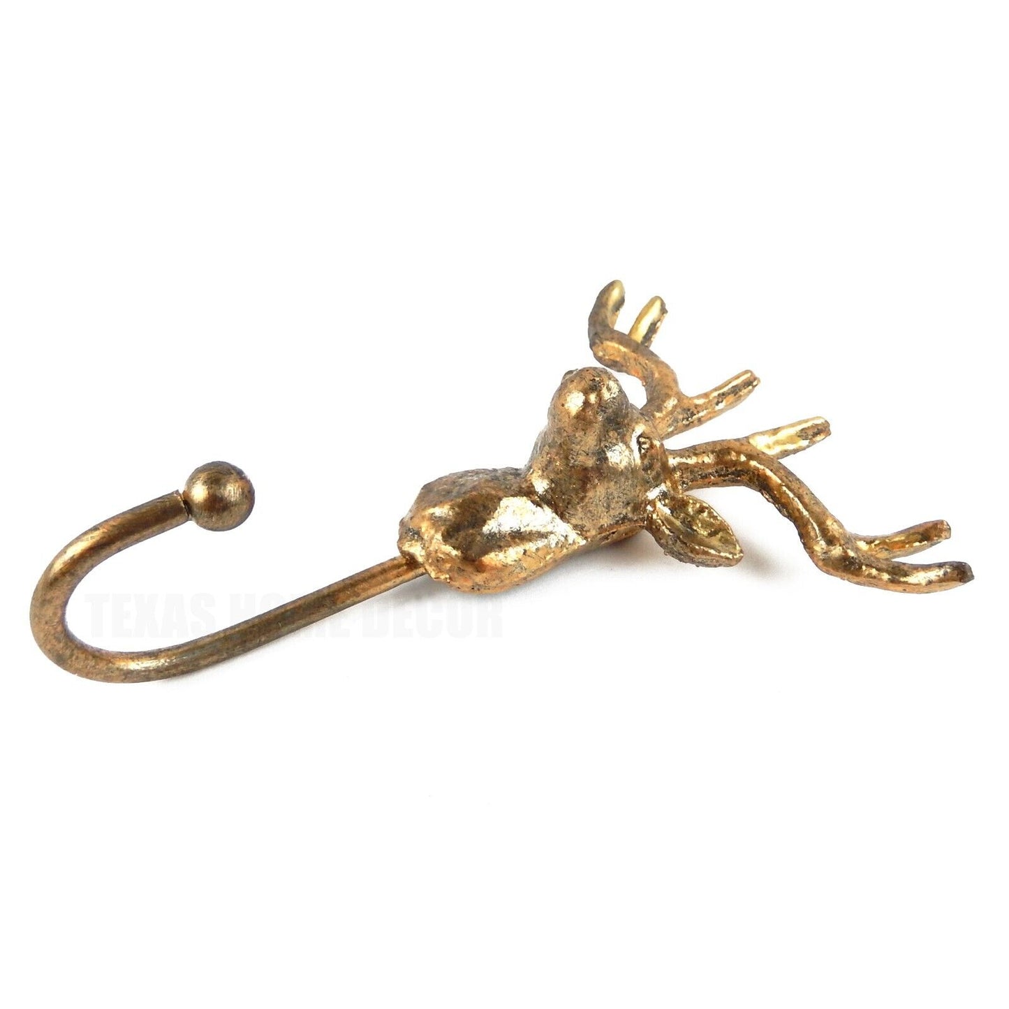 Golden Deer Head Buck Antler Wall Hook Metal Cabin Lodge Key Towel Coat Hanger