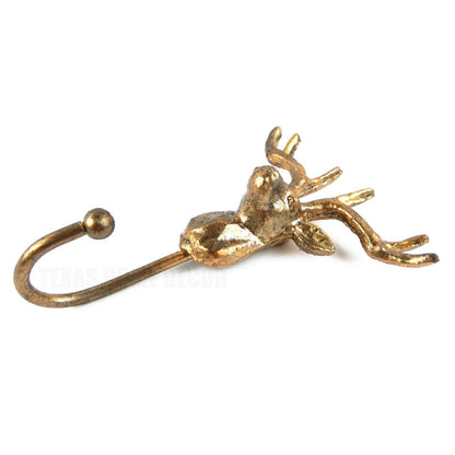 Golden Deer Head Buck Antler Wall Hook Metal Cabin Lodge Key Towel Coat Hanger