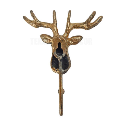 Golden Deer Head Buck Antler Wall Hook Metal Cabin Lodge Key Towel Coat Hanger