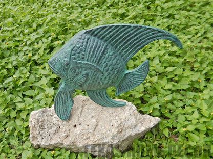 Green Metal Fish Figurine Nautical Beach House Garden Home Decor 6.75 in Tall