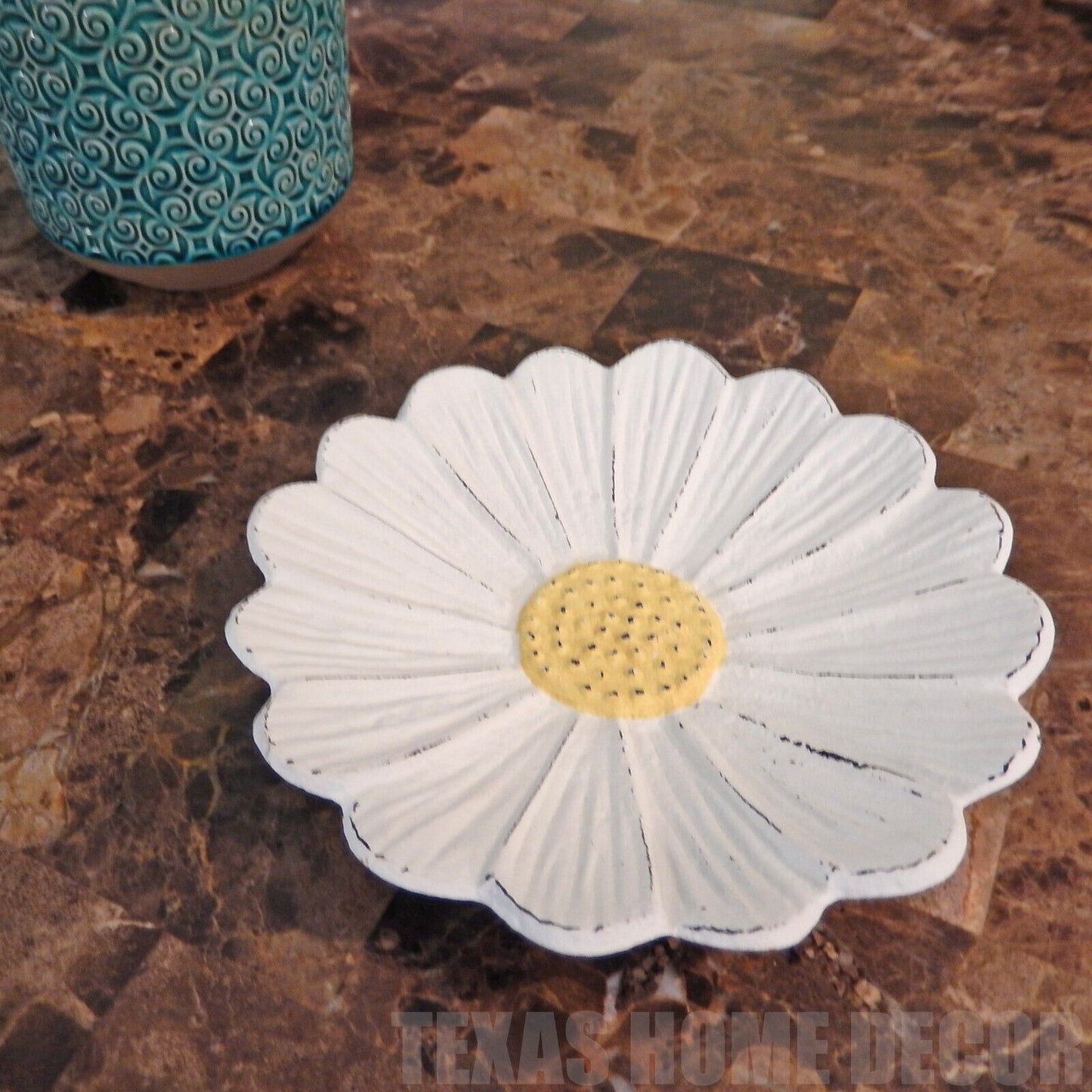 Daisy Flower Trinket Key Dish Jewelry Holder Heavy Duty Cast Iron Antique White