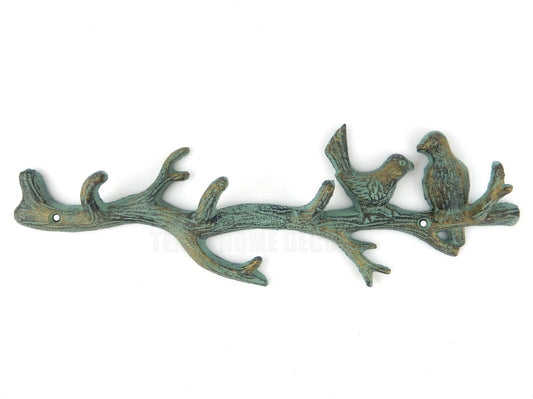 Tree Branch Birds Key Rack Cast Iron Wall Hook Coat Towel Hanger Verdigris Green