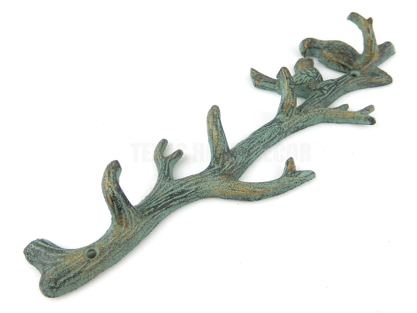 Tree Branch Birds Key Rack Cast Iron Wall Hook Coat Towel Hanger Verdigris Green