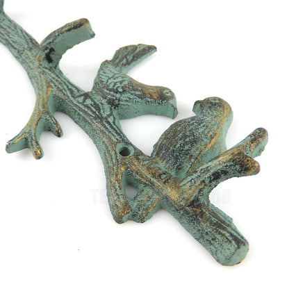 Tree Branch Birds Key Rack Cast Iron Wall Hook Coat Towel Hanger Verdigris Green