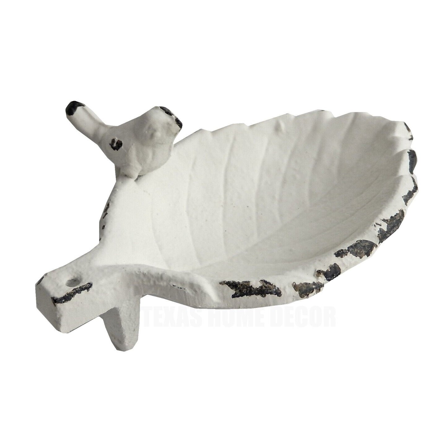 Bird Perched On Leaf Jewelry Key Trinket Dish Tray Cast Iron Antique White Look