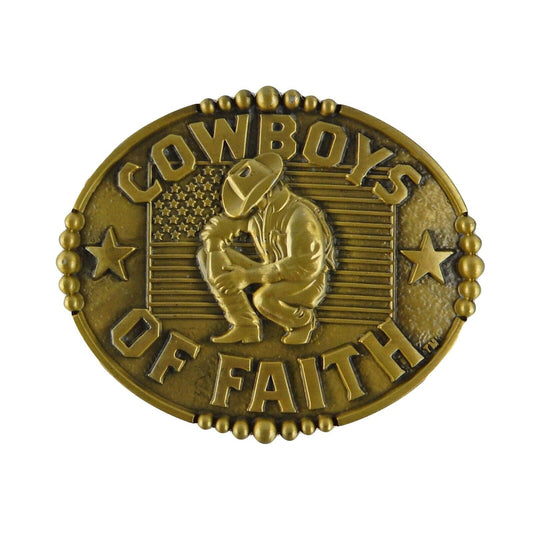 Oval Cowboy Kneeling American Flag Faith Belt Buckle Antique Bronze