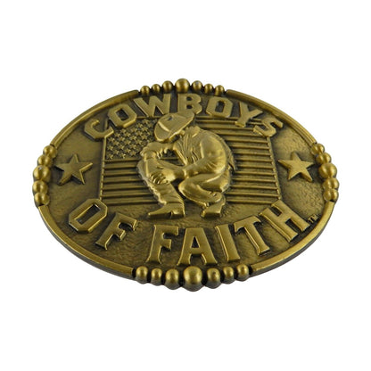 Oval Cowboy Kneeling American Flag Faith Belt Buckle Antique Bronze