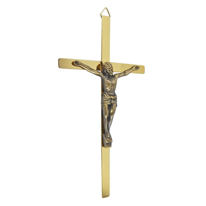 Metal Jesus Crucifix Wall Cross Shiny Gold Tone and Bronze Finish 8 1/4 x 4 inch