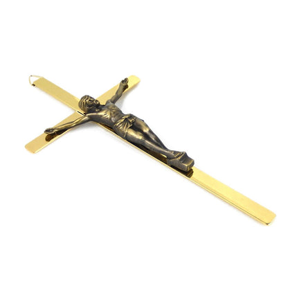 Metal Jesus Crucifix Wall Cross Shiny Gold Tone and Bronze Finish 8 1/4 x 4 inch