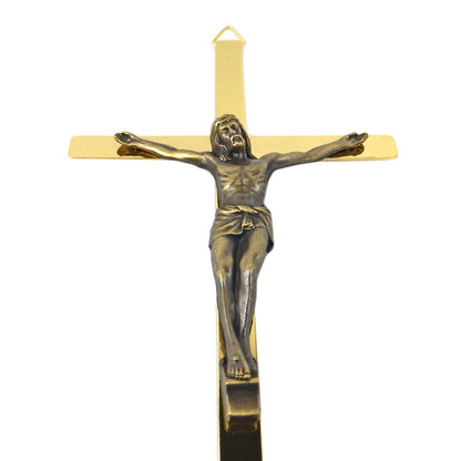 Metal Jesus Crucifix Wall Cross Shiny Gold Tone and Bronze Finish 8 1/4 x 4 inch