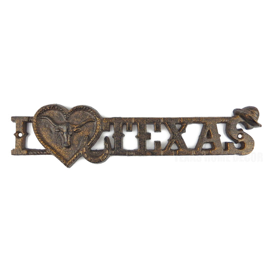 Love Texas Cast Iron Sign Heart Longhorn Horseshoe Western Wall Plaque 11.5"