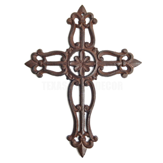 Fleur De Lis Cast Iron Wall Cross Center Flower Scrolls Design Victorian Decor