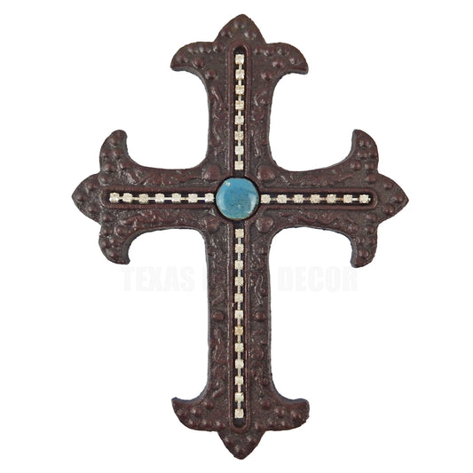 Turquoise Cast Iron Wall Cross Rhinestone Inlay Fleur De Lis Old World Style