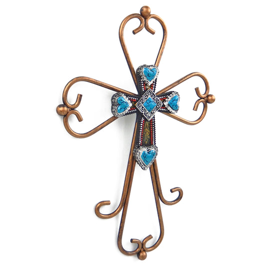 Scrolls Metal Layered Wall Cross Painted Turquoise Heart Diamonds 12 inch