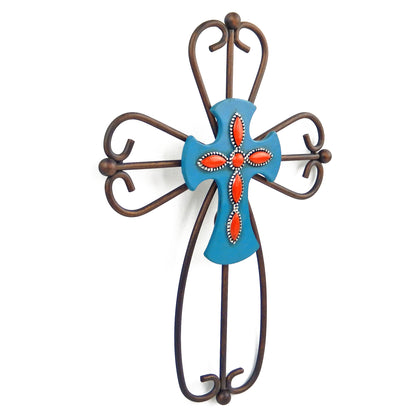 Metal Curly Wall Cross Decorative Layered Hand Painted Orange Blue Center 12 in