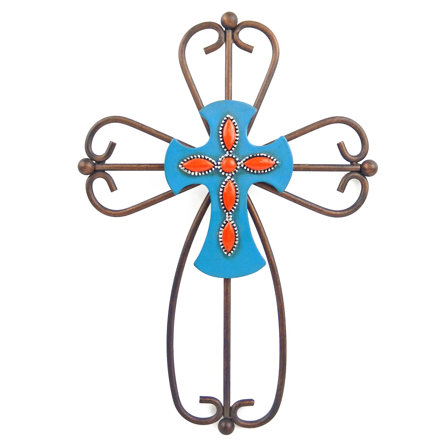 Metal Curly Wall Cross Decorative Layered Hand Painted Orange Blue Center 12 in