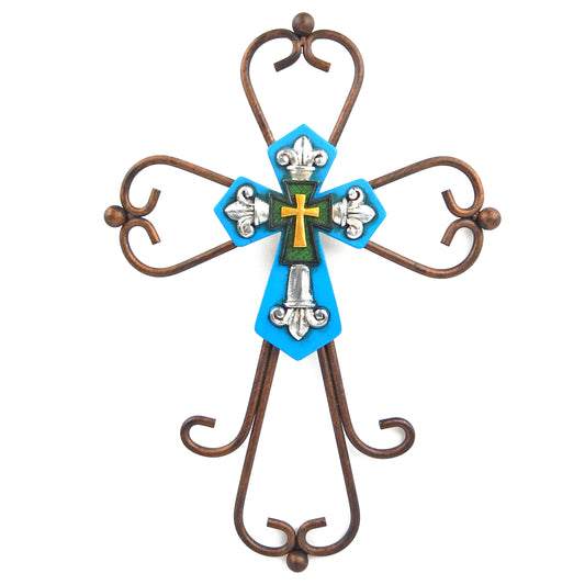 Fleur De Lis Metal Curly Wall Cross Round Bars Layered Turquoise Cross 12 inch