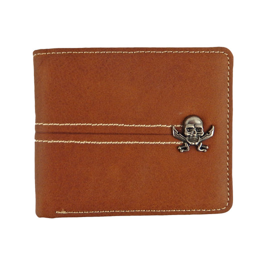 Skull Swords Men's Bi-Fold Wallet Genuine Leather Brown Cash Credit Cards Photo