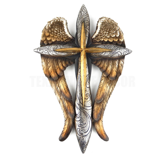 Winged Wall Cross Angel Wings Layered Crosses Gold Silver 14 x 9.5"