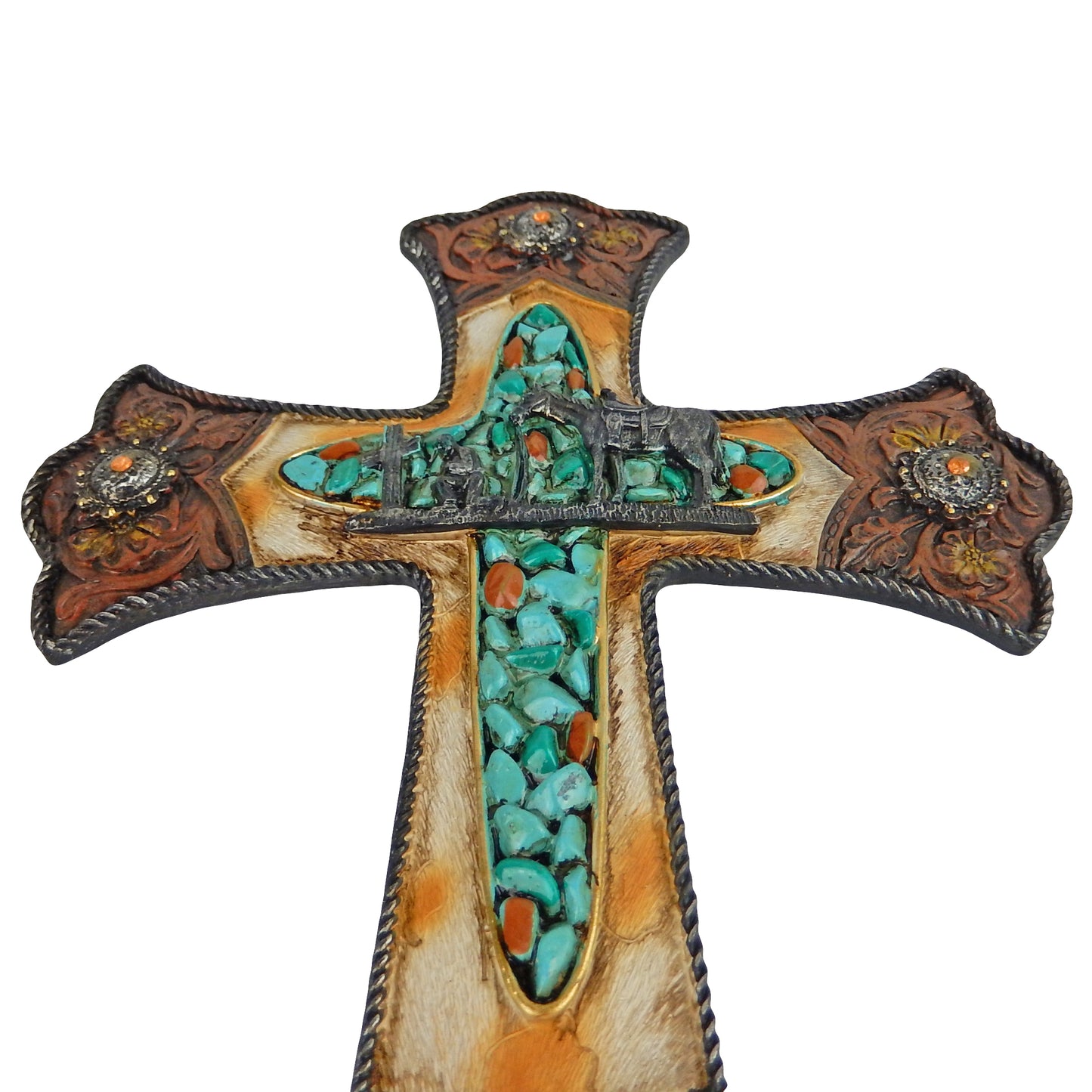 Turquoise Western Decorative Wall Cross Cowboy Kneeling Rustic Floral Concho