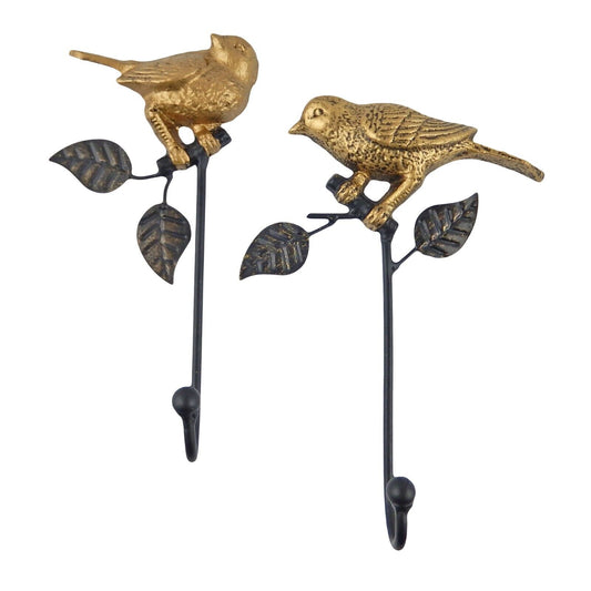 Metal Bird Wall Hooks Gold & Black Key Towel Coat Hanger Set of 2