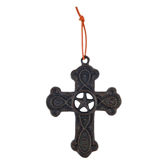 Small Cast Iron Star Wall Cross Hanging Ribbon Double Sided Dark Brown 6.25 inch