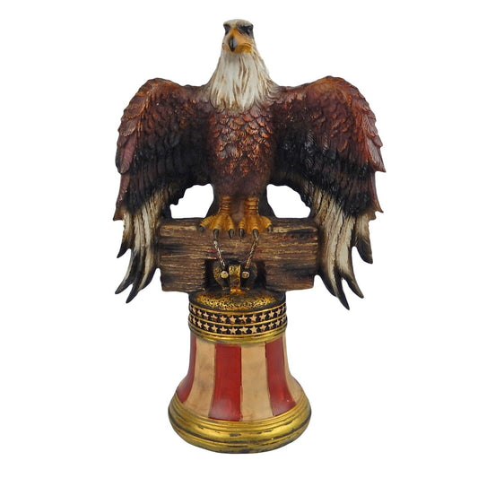 Large Bald Eagle Figurine Statue Perched On Liberty Bell American Flag 13 1/2 in