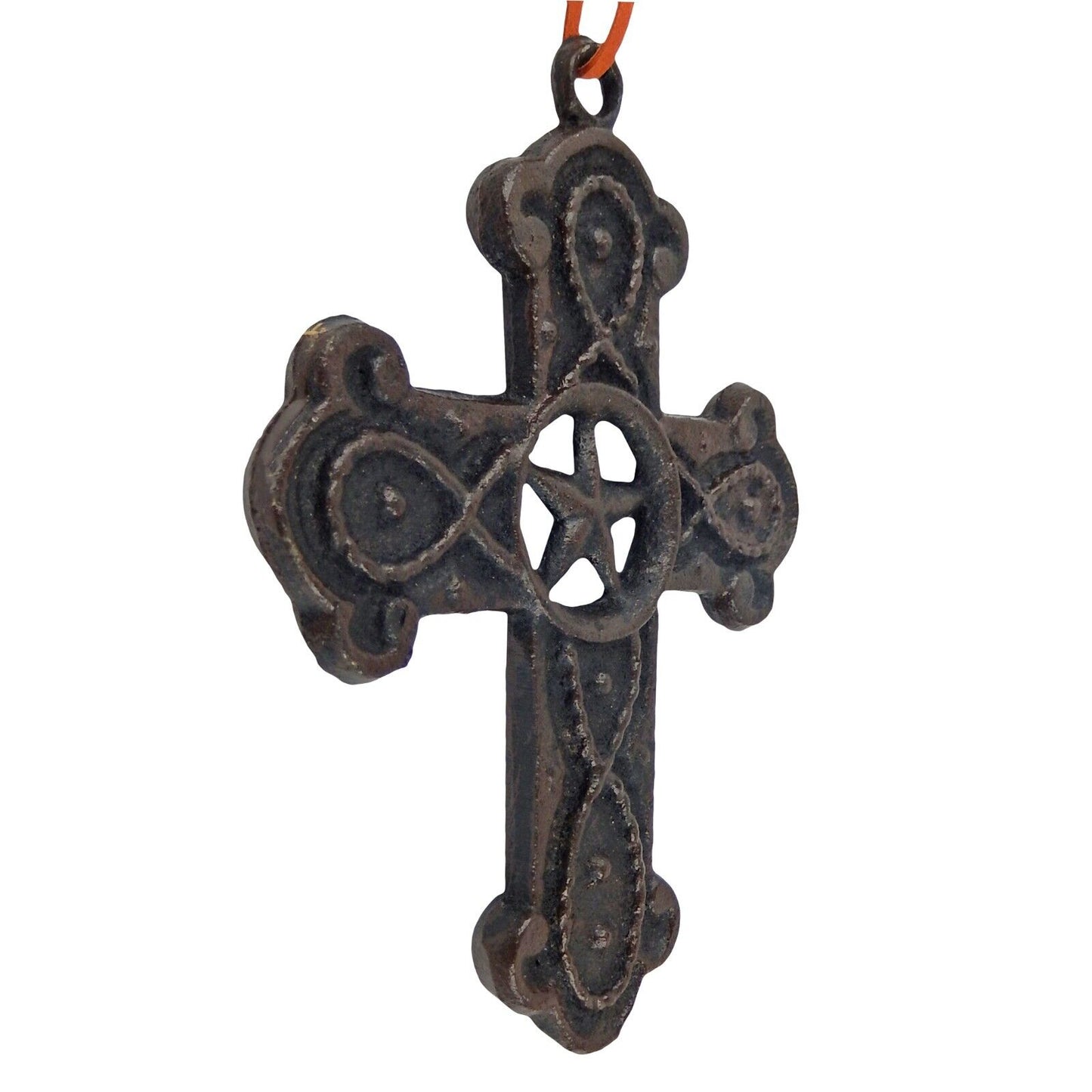 Small Cast Iron Star Wall Cross Hanging Ribbon Double Sided Dark Brown 6.25 inch