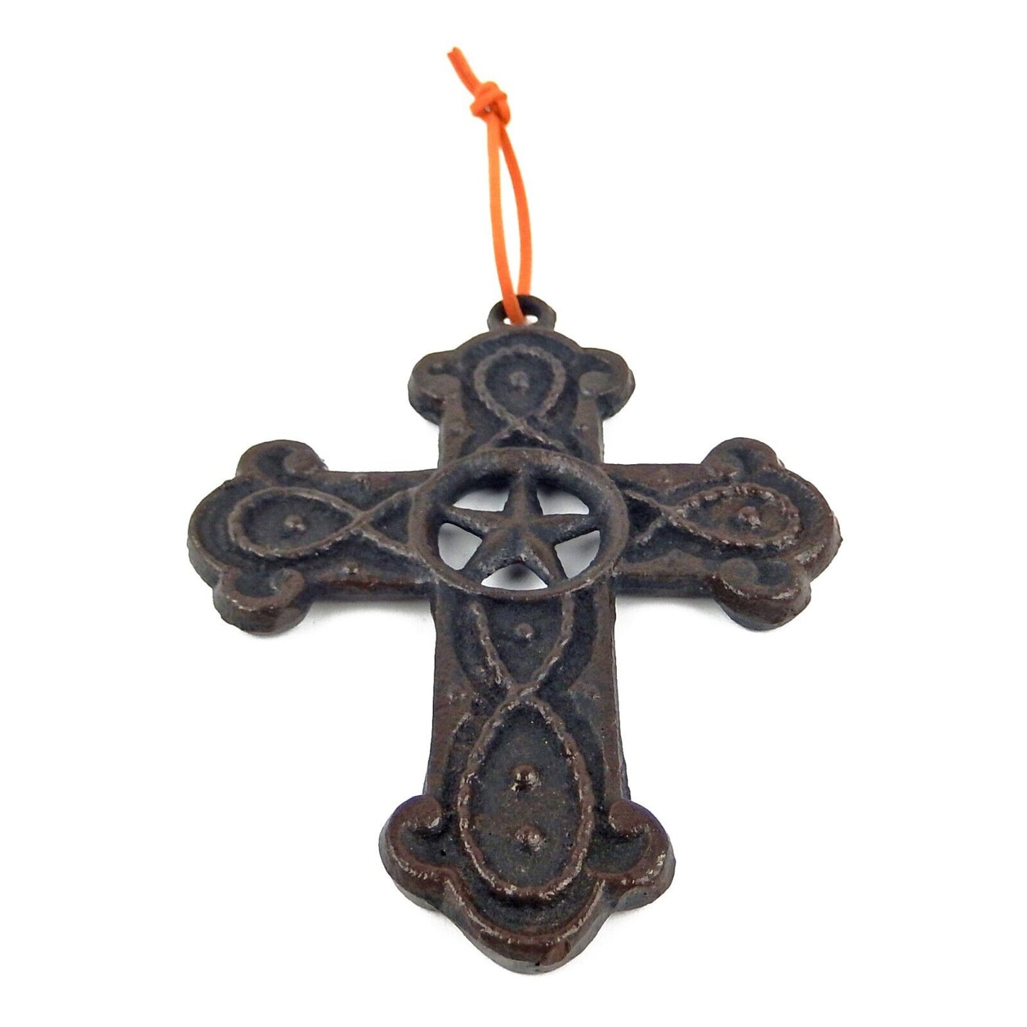 Small Cast Iron Star Wall Cross Hanging Ribbon Double Sided Dark Brown 6.25 inch