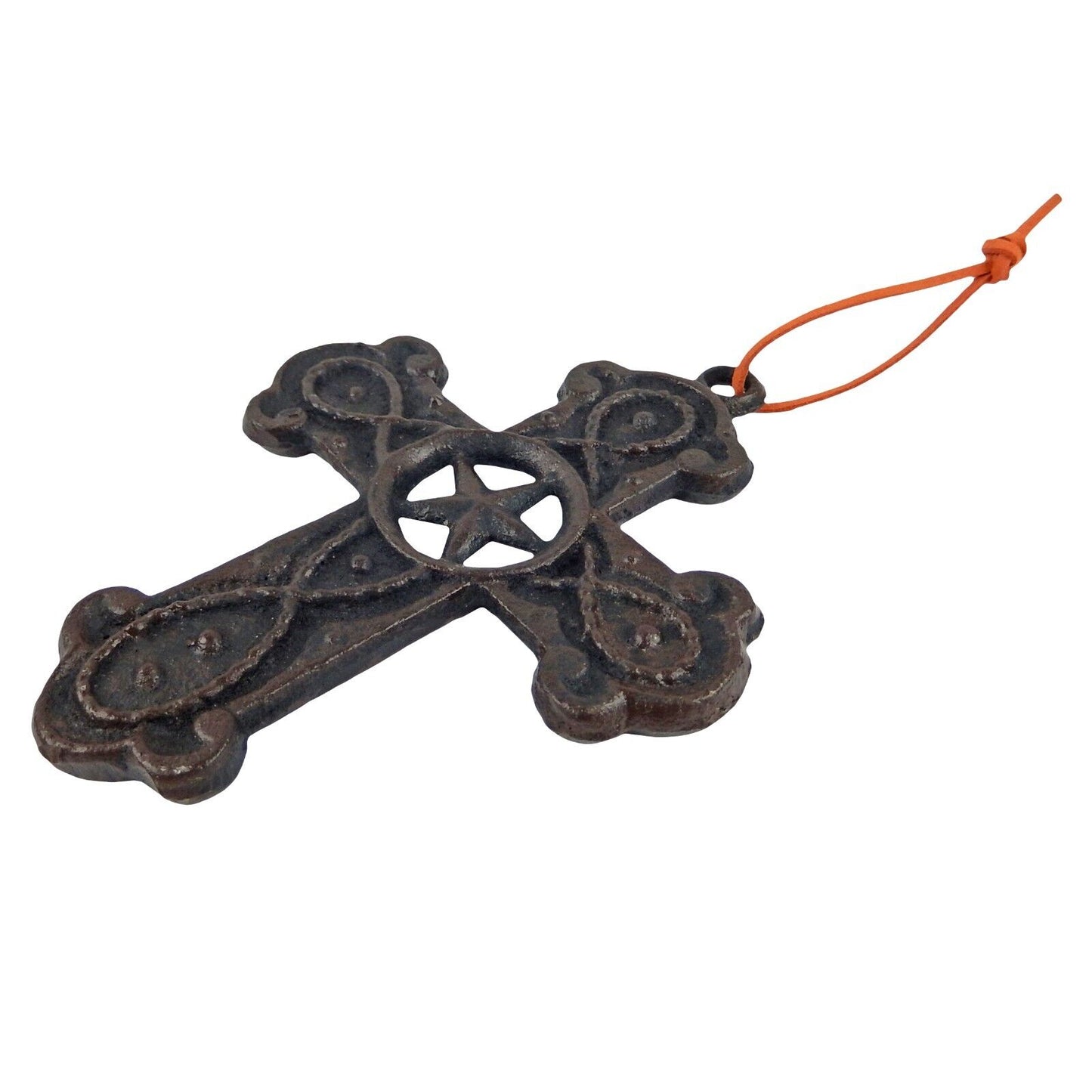 Small Cast Iron Star Wall Cross Hanging Ribbon Double Sided Dark Brown 6.25 inch